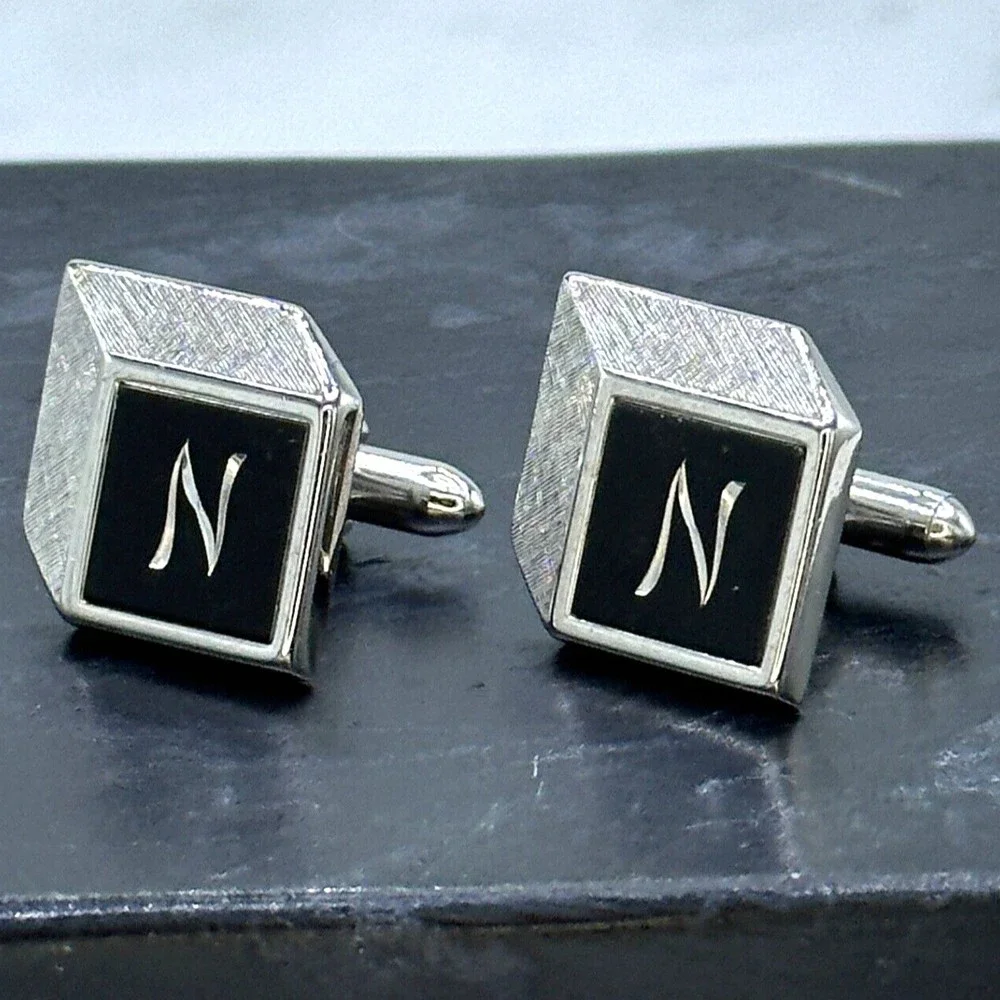 Swank Vintage Silver Tone Etched Monogram Initial N Letter Bullet Back Cufflinks